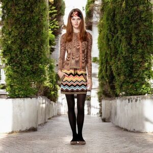 MISSONI Zig Zag Knitted Mini Skirt Kangaroo Pocket Brown Yellow Blue Sz M